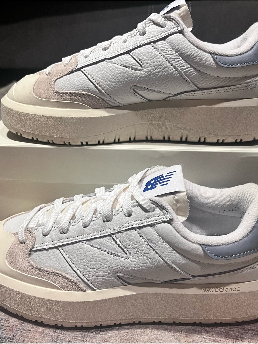 New Balance White & Light Gray Platform Sneaker with Blue Logo